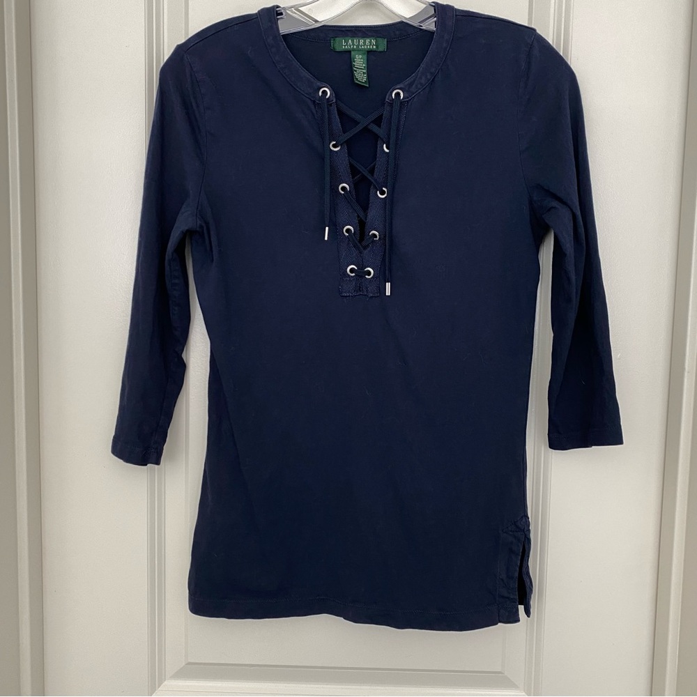 2/$15 LAUREN RALPH LAUREN EUC Navy Cotton Tie front 3/4 Sleeves Tshirt